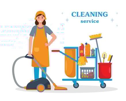 Cleaning service concept. Woman with vacuum cleaner and cleaning cart. CLeaner character with tools vector illustration on white background.