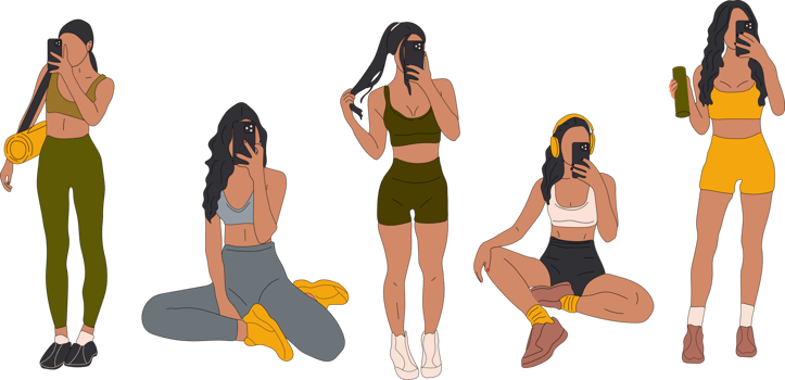 Set of Sporty young Girls taking a selfie on smartphone.Fit woman in gym athletic clothing. Girl takes mirror selfie with a smartphone. Abstract feminine illustrations. png