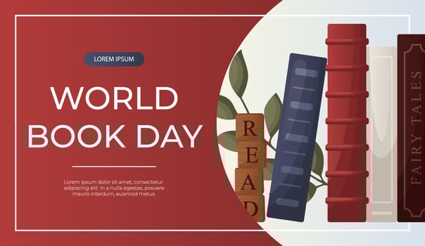 Promo banner with reading stack of books, wooden letter tiles. School books pile. World book day. Bookstore, bookshop, library, book lover, bibliophile, education. for poster, cover,advertising vector