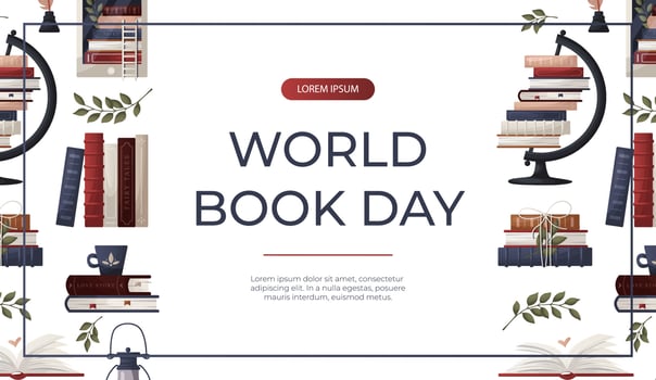Promo banner with stack of books, globe, inkwell quill, plant, lantern, ebook. World book day. Bookstore, bookshop, library, book lover, bibliophile, education.  for poster, cover, advertising vector
