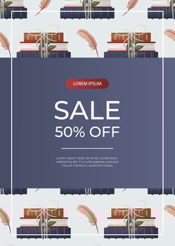 Promo sale flyer with pattern of stack of books with bow, feather. World book day. Book heap. Bookstore, bookshop, library, book lover, bibliophile, education. A4 for poster, banner, cover vector