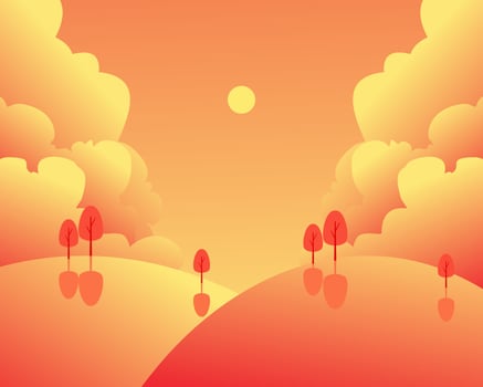 A cartoon of trees on a hill with the sun setting in the background. vector