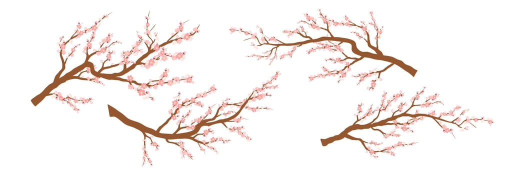 Set of spring blooming tree branches, tree branch with pink flowers. Sakura or cherry vector