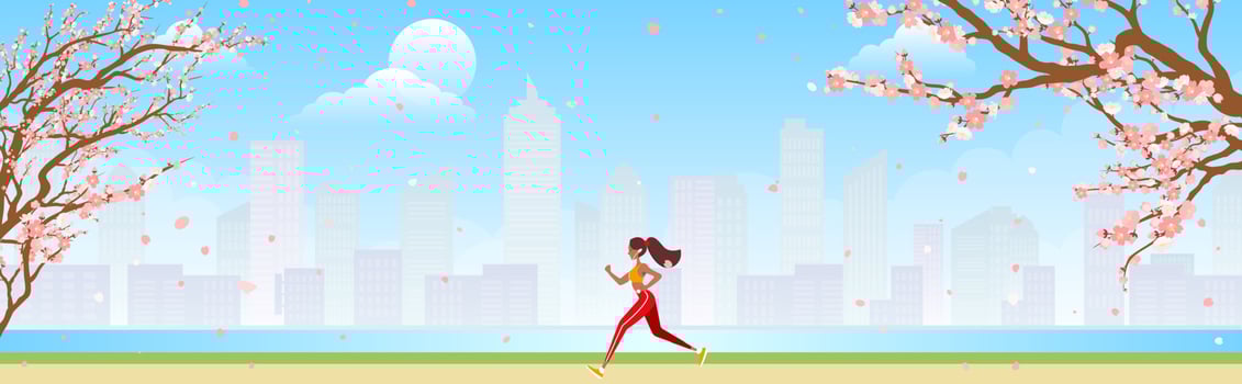 Runner training outdoors. Sporty girl running down city park pathway in morning. Vector illustration for health, active lifestyle, morning exercise, jogging concept.