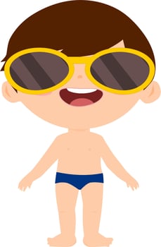 Cute Little Kid boy wear swimming suit and sun glasses. Laugh smile face kid. Vector illustration.