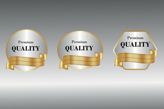 Elegant pearl white labels set, glossy labels with golden frame over beige background vector