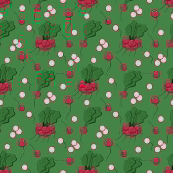 Bright spring pink radish modern seamless pattern on the green background. Vector flat texture. Perfect for kitchen fabric, paper, cover, wrapping, interior decoration