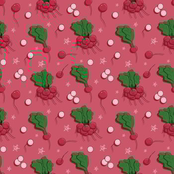 Bold modern isolated radish seamless pattern on the pink background. Contemporary design for kitchen fabric, paper, cover, interior decor. Green and pink colors. vector