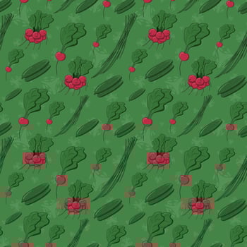 Vibrant contemporary seamless vegan pattern. Cucunmers, radishes, spring onions on the green baclground. Vector flat texture. Perfect for kitchen fabric, paper, cover, wrapping, interior decoration