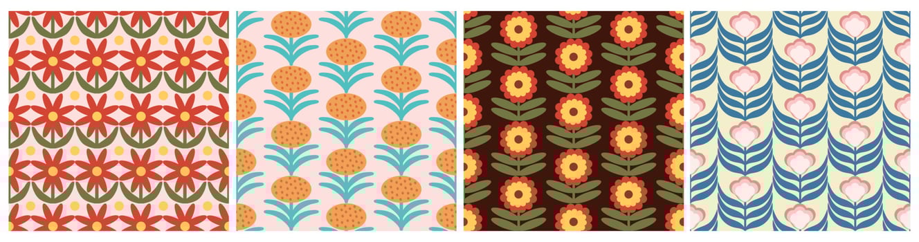 Set of Retro Floral Pattern. 70s Funky Design collection with Geometric Flowers. Groovy Mid Century scandi Seamless vector texture for fabric design, textile print, wrapping, cover