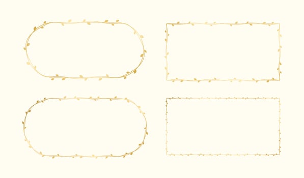 Gold vine frame wedding elegant wreath set. Golden frame with botanical design. Vector isolated illustration.