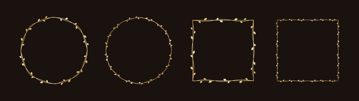 Gold vine frame wedding elegant wreath set. Golden frame with botanical design. Vector isolated illustration.