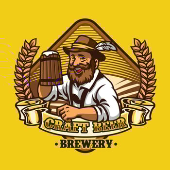 badge man show his beer in wooden mug vector