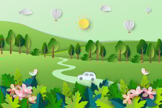 Travel with nature scenery on springtime,spring landscape with blooming flowers and colorful leaves on paper cut and craft style vector