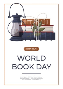 Promo flyer with reading stack of books, lantern with candle,plant. World book day. Bookstore, bookshop, library, book lover, bibliophile, education. A4 for poster, banner, cover vector