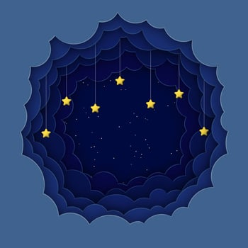 Night sky background with paper clouds and 3d stars. Square composition. Paper cut out and 3d realistic style. vector