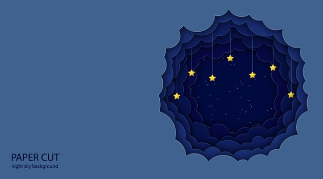 Night sky background with paper clouds and 3d stars. vector