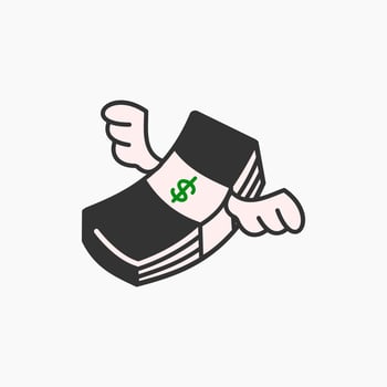 Money transfer illustration. Paper money with wings emoticon. vector
