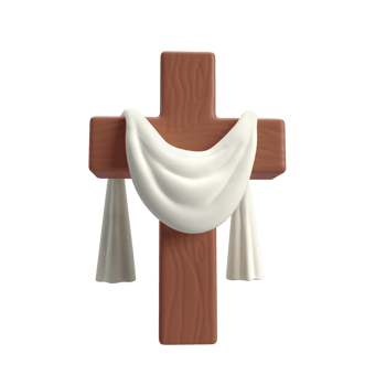 3d icon Wooden Cross with white cloth textile, symbol of the resurrection of Jesus Christ. He is risen. Easter resurrection illustration. Scripture. isolated on white background with clipping path png