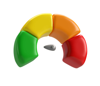 3d icon speedometer meter with arrow for dashboard with green, yellow, orange and red indicators. Gauge of tachometer. Low, medium, high and risk levels. isolated on white background clipping path png