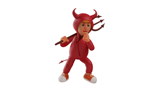 3D illustration. Cool Devil 3D Cartoon Character. Satan carries a trident on his shoulder. A red devil with a ferocious face. Satan looks very scary when dealing with opponents. 3D cartoon character png