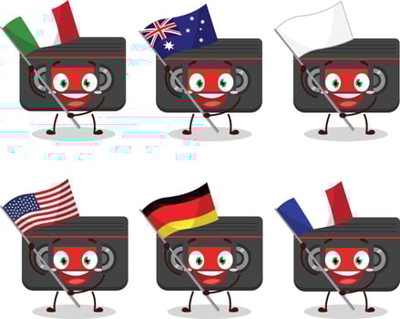 Retro cassette cartoon character bring the flags of various countries vector