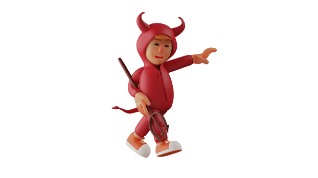 3D illustration. Angry Devil 3D Cartoon Character. The red demon carries the trident upside down. A crimson demon with an angry expression and spread out an arm. 3D cartoon character png