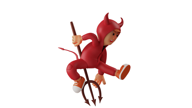3D illustration. Creepy Devil 3D Cartoon Character. The red demon in the pose jumps and attacks. The demon attacks the enemy using a long trident. 3D cartoon character png
