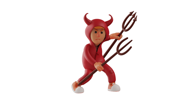 3D illustration. Young Devil 3D Cartoon Character. Devil with a furious expression carries two long tridents to fight. The red devil is ready to attack the opponent. 3D cartoon character png