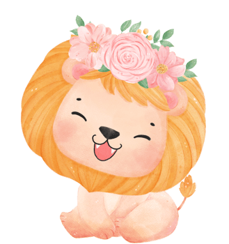 Cute sweet happy baby lion with floral crown watercolour kid animal illustration png