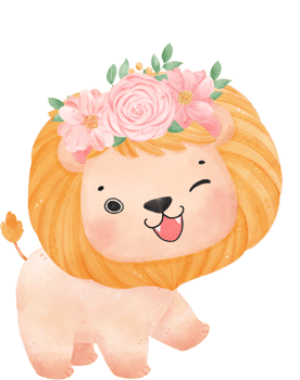 Cute sweet happy baby lion with floral crown watercolour kid animal illustration png