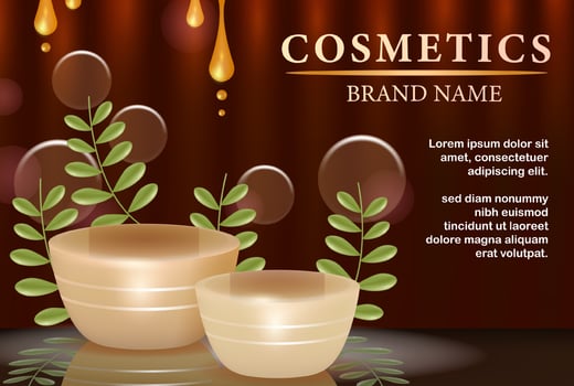 Cosmetic podium, elegant leaves and glass ornament 3d vector. Can be used for product background vector