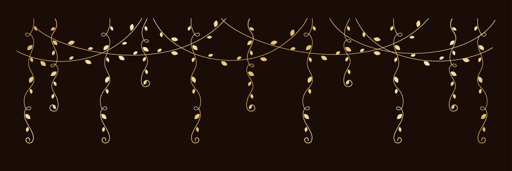 Gold hanging vines vector illustration. Golden floral botanical vine curtain design element
