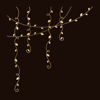 Gold hanging vines corner frame vector illustration. Golden floral botanical vine curtain design element