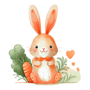 Watercolor cute bunny with carrot, cartoon animal character. Isolated transparent background. png