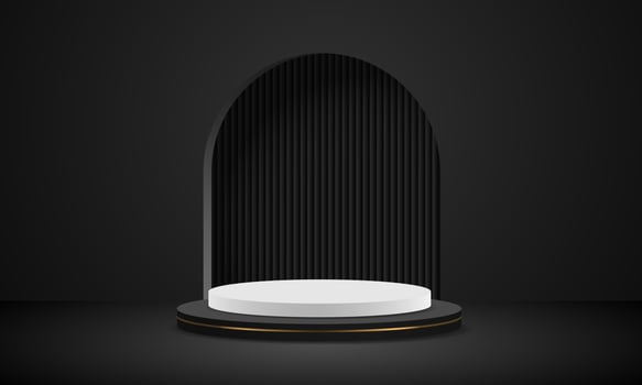 Realistic black white gold 3D cylinder pedestal podium with black corrugated on window arch shape vector display illustration.