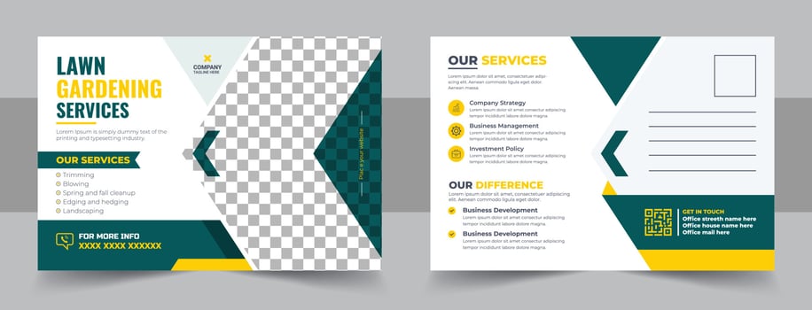 Lawn Mower Garden or Landscaping Service Postcard Template bundle. Event Card Design, Direct Mail Template, Invitation Design, leaflet, grass, equipment, gardener. Agro Eddm Postcard Design vector