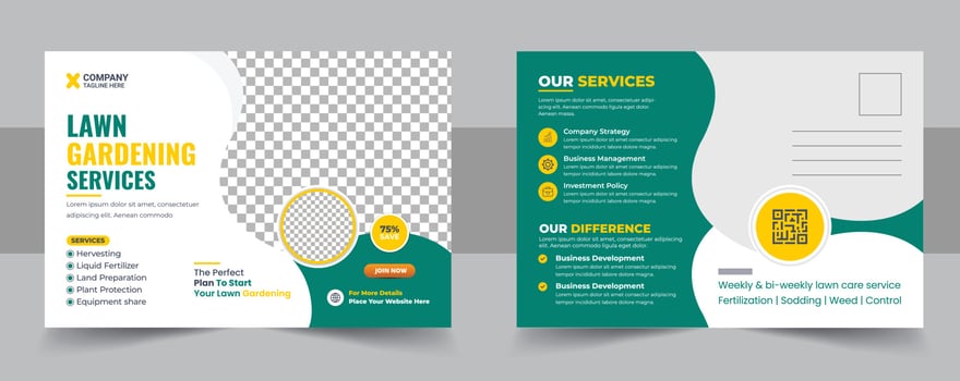 Lawn Mower Garden or Landscaping Service Postcard Template bundle. Event Card Design, Direct Mail Template, Invitation Design, leaflet, grass, equipment, gardener. Agro Eddm Postcard Design vector. vector