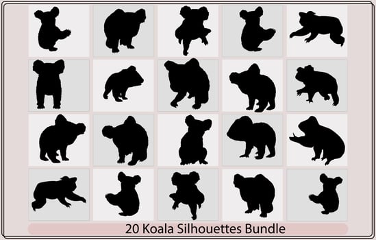 Koala vector silhouette icons.Cute vector koala,Black silhouette of koala,Australian Koala simple black silhouette logo