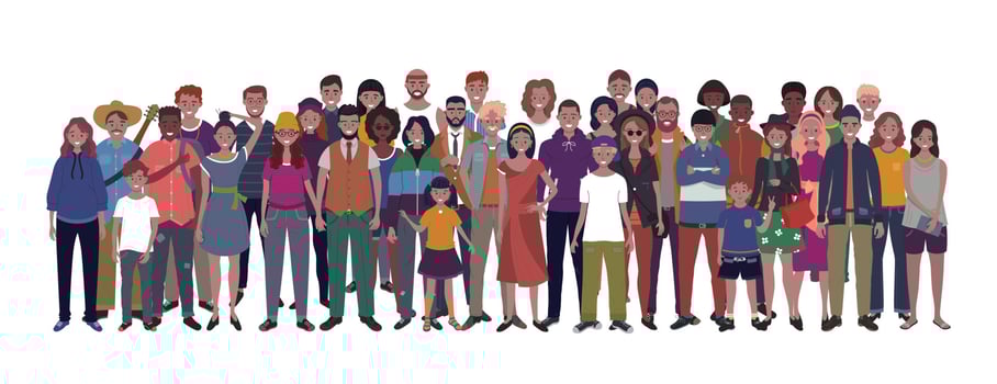 Multinational group of people isolated on white background. Children, adults and teenagers stand together. Vector illustration