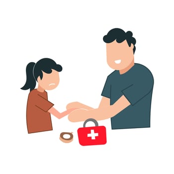 Vector illustration of a father helping his daughter with first aid kit.