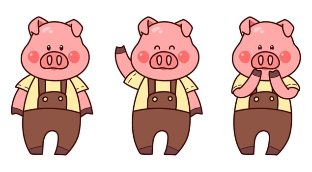 Cute pig male. Piglet in pants. Kawaii character. Set of vector illustrations.