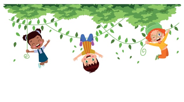 children hanging from branch playing cute vector