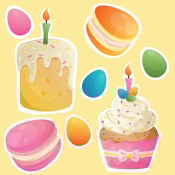Easter set with traditional cake, colorful boiled eggs, cupcake with white icing, sprinkles and burning candle, egg-shaped macaroons. Cute cartoon set of easter sweets. Happy Easter Day stickers vector