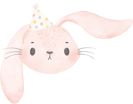 Adorable whimsical sweet happy baby pink bunny rabbit face head with colourful soft paster polka dot party hat watercolour illustration png