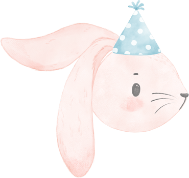 Adorable whimsical sweet happy baby pink bunny rabbit face head with colourful soft paster polka dot party hat watercolour illustration png