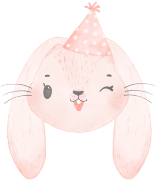 Adorable whimsical sweet happy baby pink bunny rabbit face head with colourful soft paster polka dot party hat watercolour illustration png