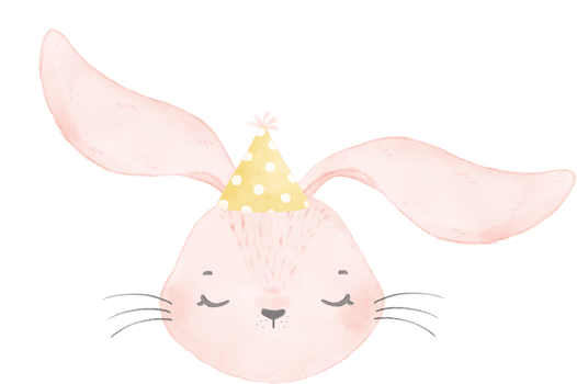 Adorable whimsical sweet happy baby pink bunny rabbit face head with colourful soft paster polka dot party hat watercolour illustration png