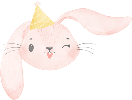 Adorable whimsical sweet happy baby pink bunny rabbit face head with colourful soft paster polka dot party hat watercolour illustration png