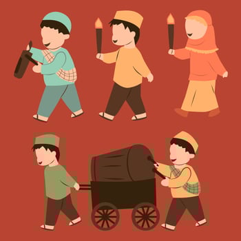 Muslim kids celebrating eid with takbiran tradition vector